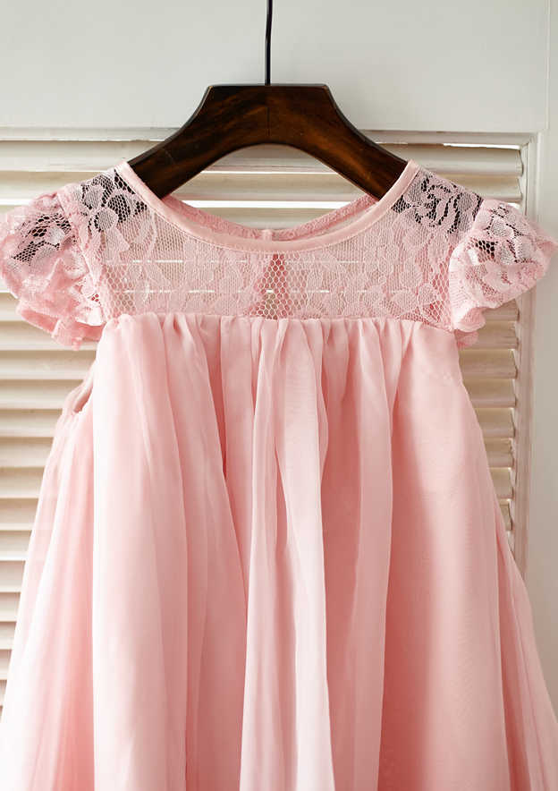 Knee-Length Chiffon Lace Flower Girl Dress with Pleated Sashes - A-line/Princess Scoop Neck BM bride