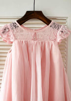 Knee-Length Chiffon Lace Flower Girl Dress with Pleated Sashes - A-line/Princess Scoop Neck BM bride