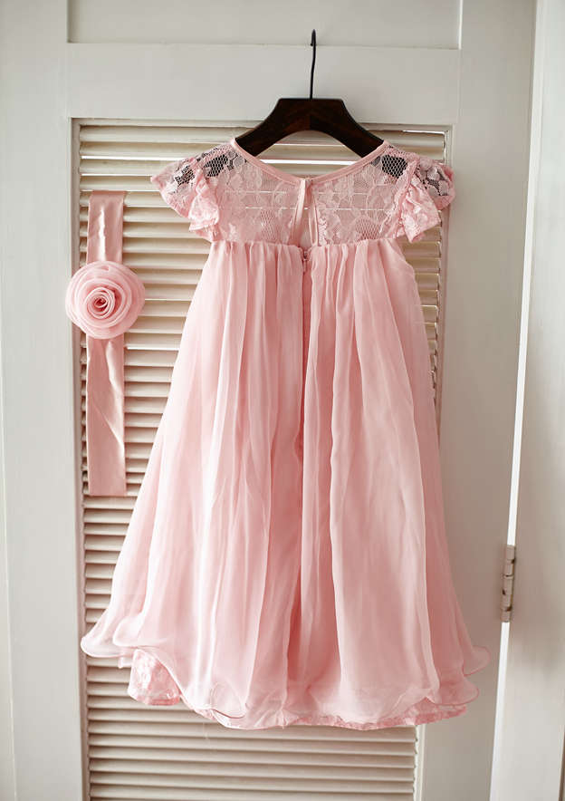 Knee-Length Chiffon Lace Flower Girl Dress with Pleated Sashes - A-line/Princess Scoop Neck BM bride
