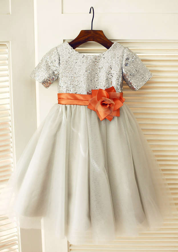 Knee-Length Sequined Tulle Flower Girl Dress with Floral Accents - Short Sleeve A-line/Princess Scoop Neck BM bride
