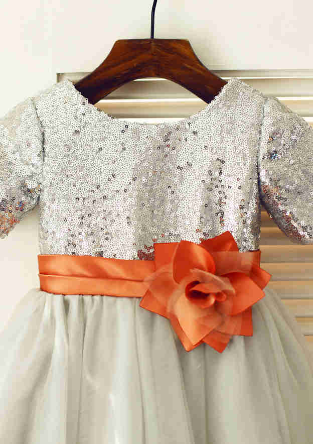 Knee-Length Sequined Tulle Flower Girl Dress with Floral Accents - Short Sleeve A-line/Princess Scoop Neck BM bride