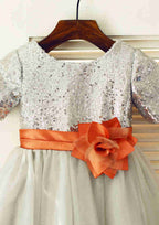 Knee-Length Sequined Tulle Flower Girl Dress with Floral Accents - Short Sleeve A-line/Princess Scoop Neck BM bride