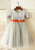 Knee-Length Sequined Tulle Flower Girl Dress with Floral Accents - Short Sleeve A-line/Princess Scoop Neck BM bride