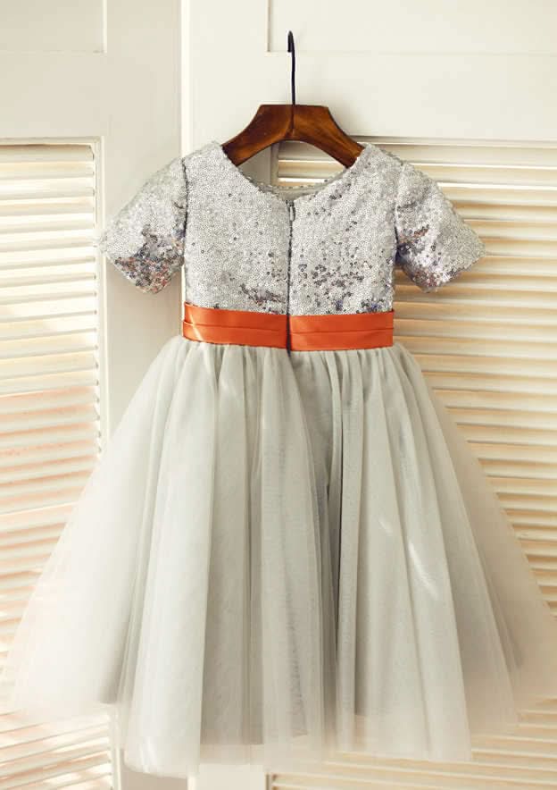 Knee-Length Sequined Tulle Flower Girl Dress with Floral Accents - Short Sleeve A-line/Princess Scoop Neck BM bride
