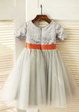 Knee-Length Sequined Tulle Flower Girl Dress with Floral Accents - Short Sleeve A-line/Princess Scoop Neck BM bride