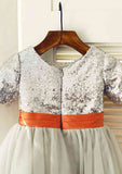 Knee-Length Sequined Tulle Flower Girl Dress with Floral Accents - Short Sleeve A-line/Princess Scoop Neck BM bride
