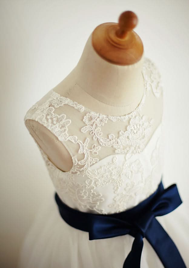 Ankle-Length Lace and Tulle Flower Girl Dress with Graceful Sashes - A-line/Princess Illusion Neck BM bride