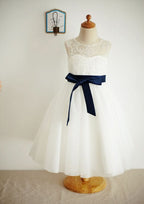 Ankle-Length Lace and Tulle Flower Girl Dress with Graceful Sashes - A-line/Princess Illusion Neck BM bride