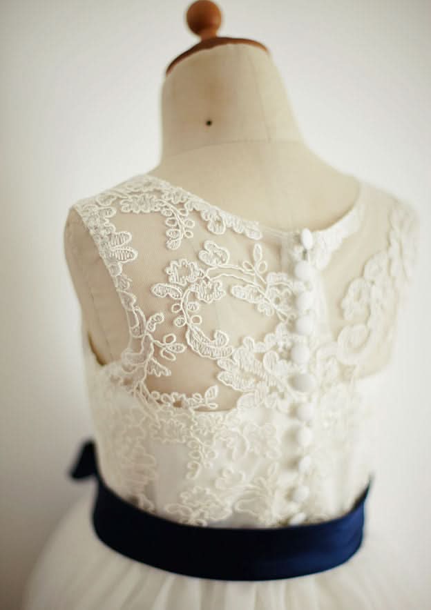 Ankle-Length Lace and Tulle Flower Girl Dress with Graceful Sashes - A-line/Princess Illusion Neck BM bride
