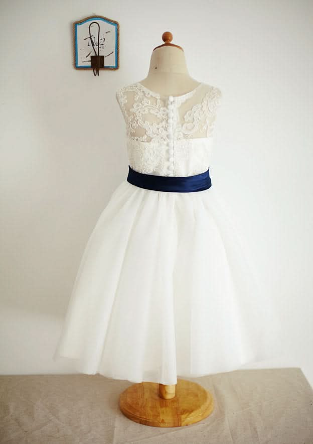 Ankle-Length Lace and Tulle Flower Girl Dress with Graceful Sashes - A-line/Princess Illusion Neck BM bride