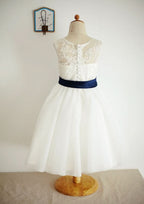 Ankle-Length Lace and Tulle Flower Girl Dress with Graceful Sashes - A-line/Princess Illusion Neck BM bride