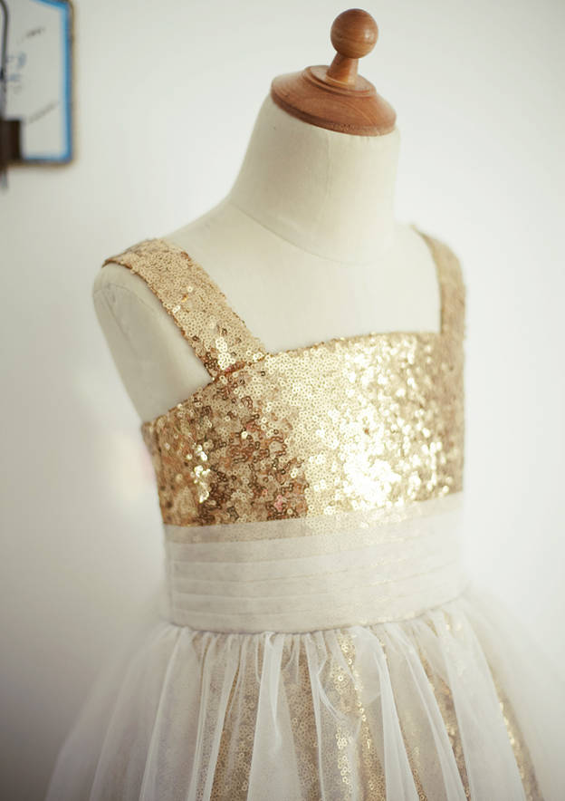 Ankle-Length Sequined Tulle Flower Girl Dress - A-line/Princess Square Neckline BM bride
