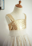 Ankle-Length Sequined Tulle Flower Girl Dress - A-line/Princess Square Neckline BM bride