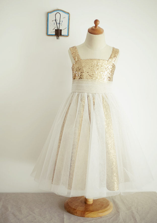Ankle-Length Sequined Tulle Flower Girl Dress - A-line/Princess Square Neckline BM bride