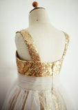 Ankle-Length Sequined Tulle Flower Girl Dress - A-line/Princess Square Neckline BM bride