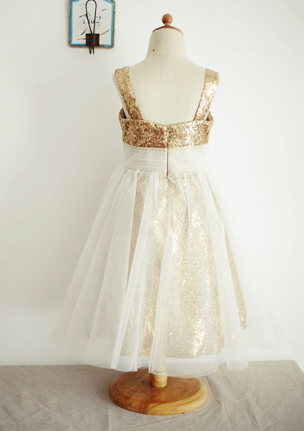 Ankle-Length Sequined Tulle Flower Girl Dress - A-line/Princess Square Neckline BM bride