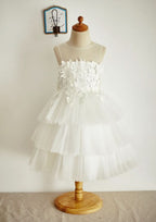 Tea-Length Lace and Tulle Flower Girl Dress with Appliqued Details - A-line/Princess Illusion Neck BM bride