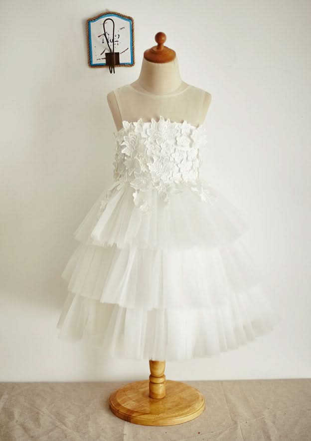 Tea-Length Lace and Tulle Flower Girl Dress with Appliqued Details - A-line/Princess Illusion Neck BM bride