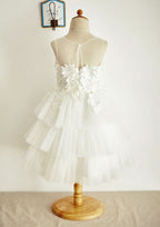 Tea-Length Lace and Tulle Flower Girl Dress with Appliqued Details - A-line/Princess Illusion Neck BM bride