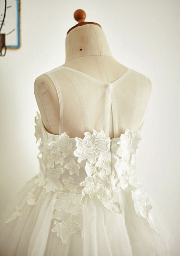 Tea-Length Lace and Tulle Flower Girl Dress with Appliqued Details - A-line/Princess Illusion Neck BM bride