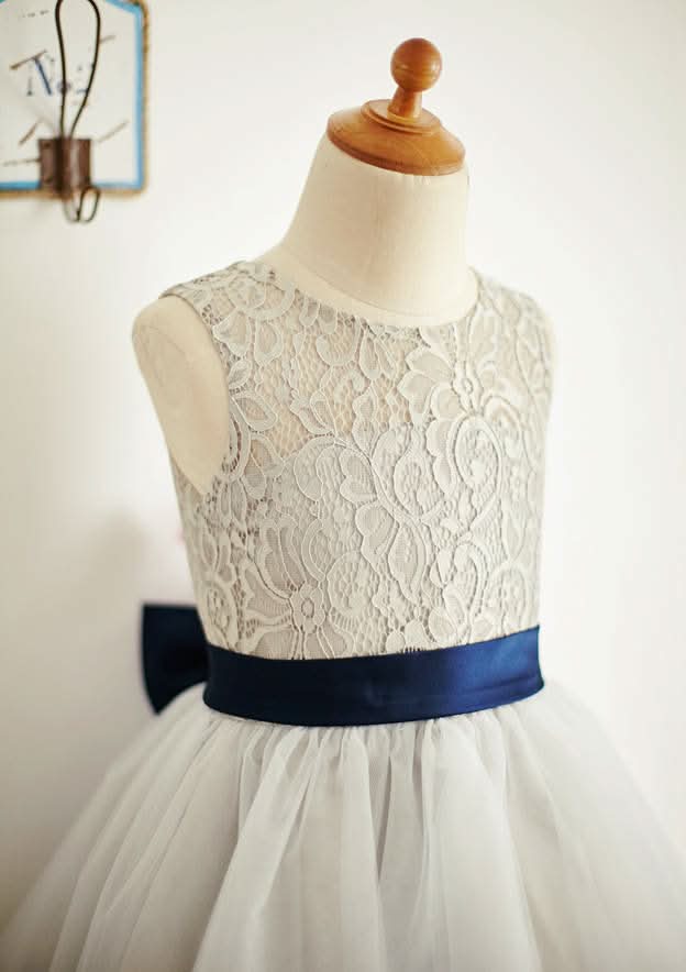 Ankle-Length Lace and Tulle Flower Girl Dress with Bowknot Sashes - A-line/Princess Scoop Neck BM bride