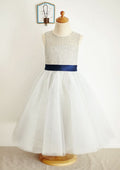 Ankle-Length Lace and Tulle Flower Girl Dress with Bowknot Sashes - A-line/Princess Scoop Neck BM bride