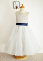 Ankle-Length Lace and Tulle Flower Girl Dress with Bowknot Sashes - A-line/Princess Scoop Neck BM bride