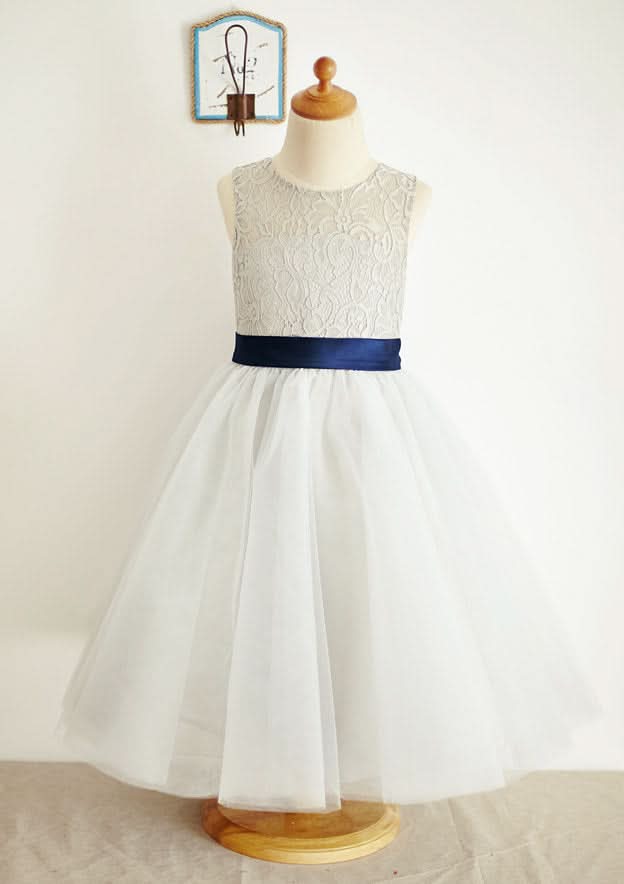 Ankle-Length Lace and Tulle Flower Girl Dress with Bowknot Sashes - A-line/Princess Scoop Neck BM bride