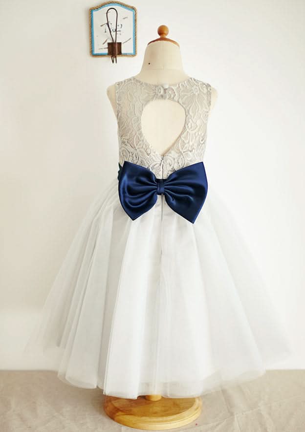 Ankle-Length Lace and Tulle Flower Girl Dress with Bowknot Sashes - A-line/Princess Scoop Neck BM bride