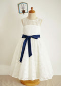 Ankle-Length Lace and Tulle Flower Girl Dress with Stylish Sashes - A-line/Princess Scoop Neck BM bride