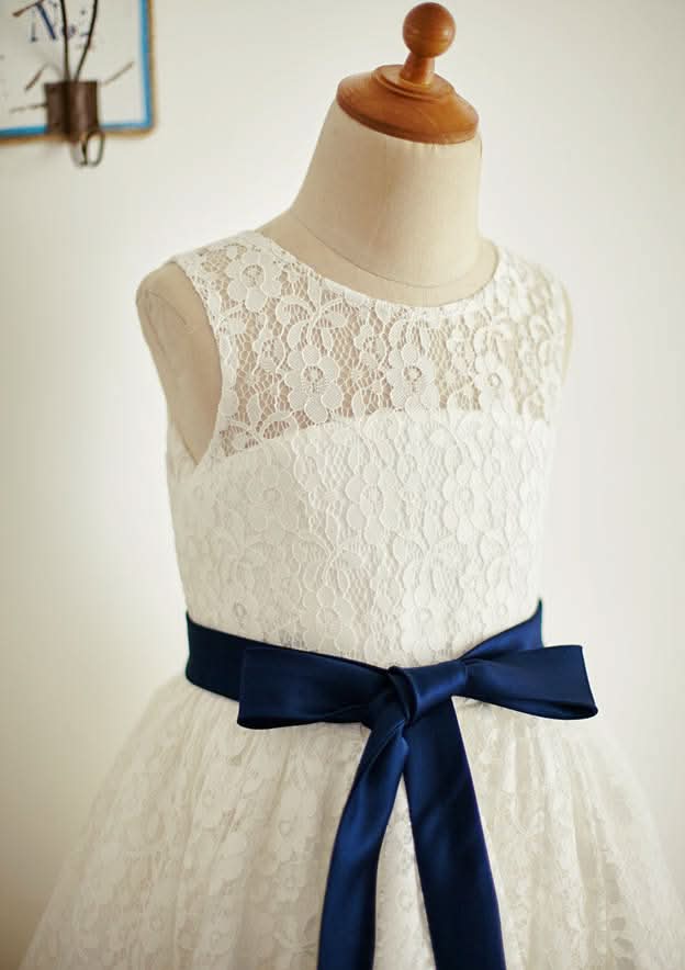 Ankle-Length Lace and Tulle Flower Girl Dress with Stylish Sashes - A-line/Princess Scoop Neck BM bride