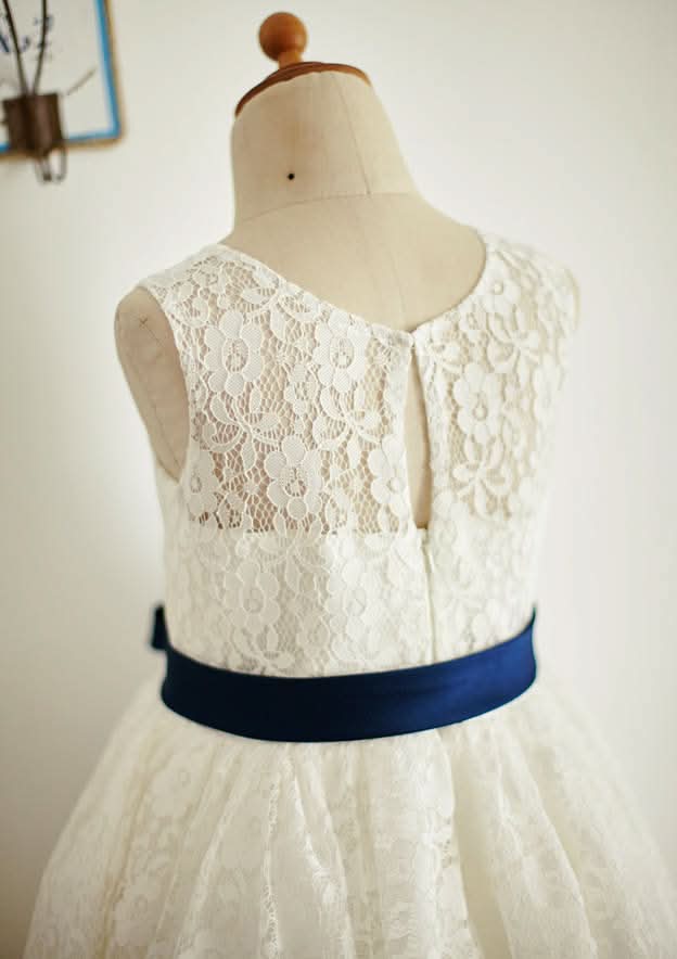 Ankle-Length Lace and Tulle Flower Girl Dress with Stylish Sashes - A-line/Princess Scoop Neck BM bride