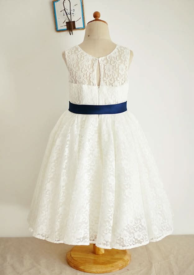 Ankle-Length Lace and Tulle Flower Girl Dress with Stylish Sashes - A-line/Princess Scoop Neck BM bride