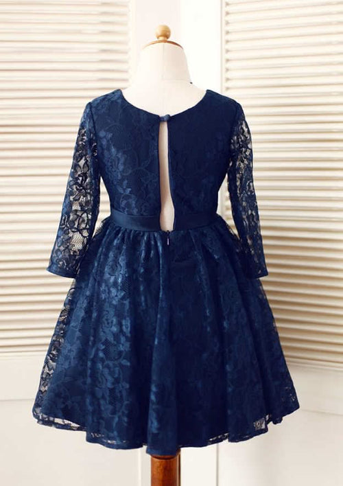 3/4 Sleeve Knee-Length Lace Flower Girl Dress with Charming Bowknot - A-line/Princess Scoop Neck BM bride