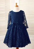 3/4 Sleeve Knee-Length Lace Flower Girl Dress with Charming Bowknot - A-line/Princess Scoop Neck BM bride