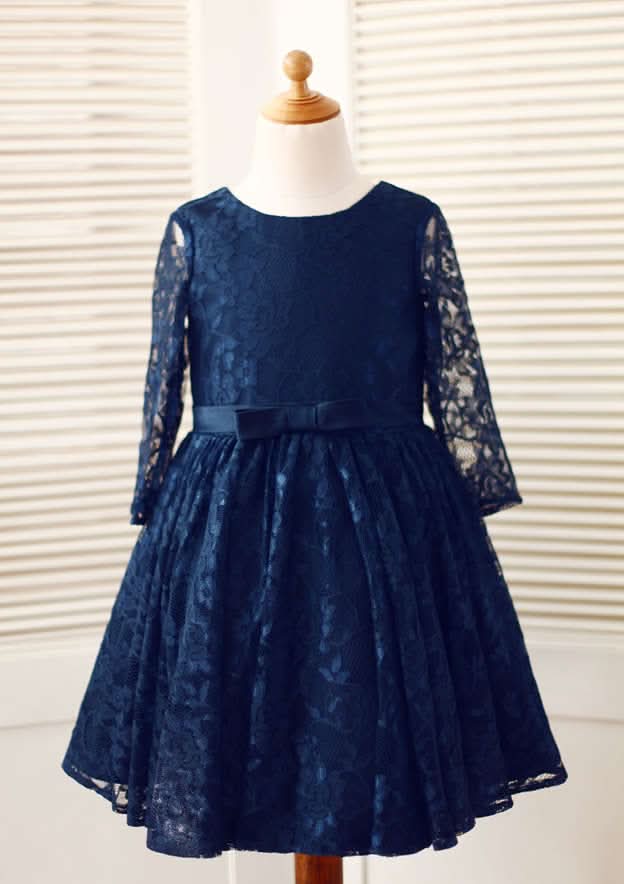 3/4 Sleeve Knee-Length Lace Flower Girl Dress with Charming Bowknot - A-line/Princess Scoop Neck BM bride