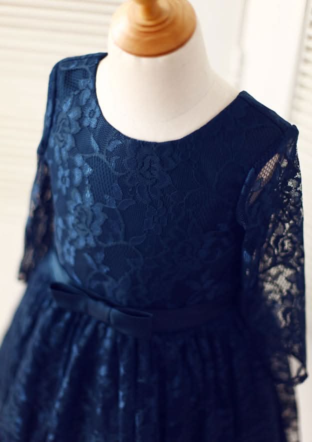 3/4 Sleeve Knee-Length Lace Flower Girl Dress with Charming Bowknot - A-line/Princess Scoop Neck BM bride
