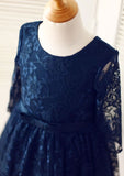 3/4 Sleeve Knee-Length Lace Flower Girl Dress with Charming Bowknot - A-line/Princess Scoop Neck BM bride