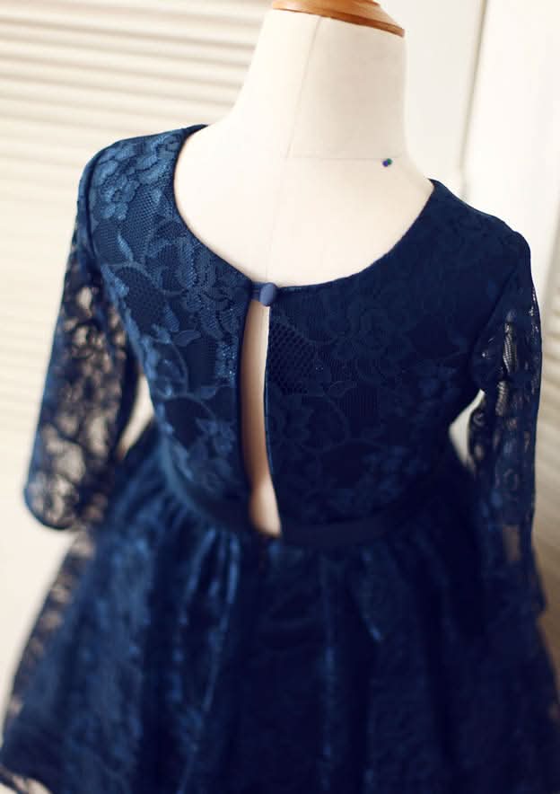 3/4 Sleeve Knee-Length Lace Flower Girl Dress with Charming Bowknot - A-line/Princess Scoop Neck BM bride