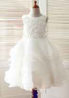 Knee-Length Lace and Tulle Flower Girl Dress with Appliqued and Ruffles - A-line/Princess Scoop Neck BM bride