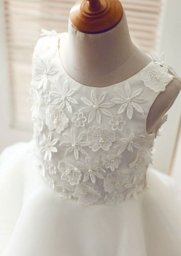 Knee-Length Lace and Tulle Flower Girl Dress with Appliqued and Ruffles - A-line/Princess Scoop Neck BM bride