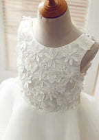 Knee-Length Lace and Tulle Flower Girl Dress with Appliqued and Ruffles - A-line/Princess Scoop Neck BM bride