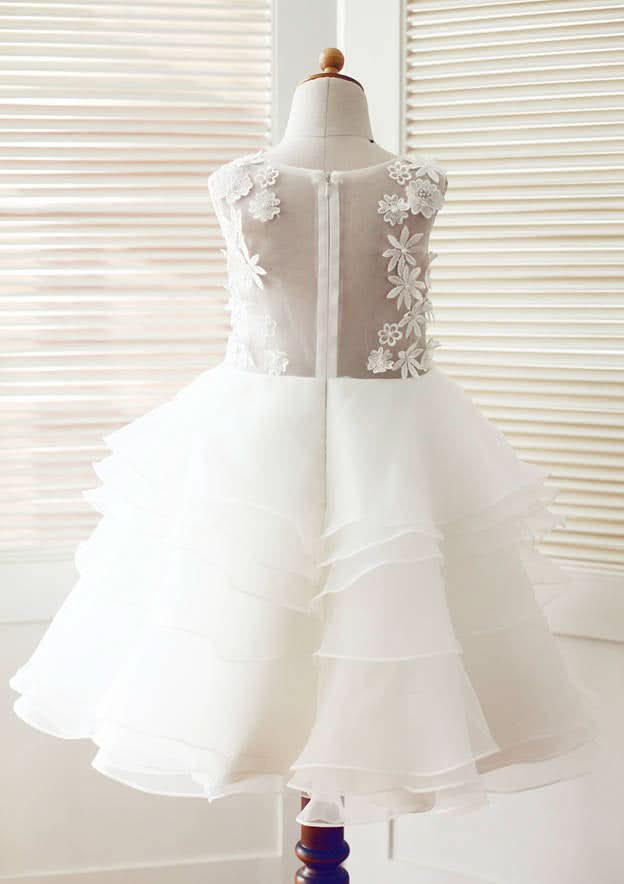 Knee-Length Lace and Tulle Flower Girl Dress with Appliqued and Ruffles - A-line/Princess Scoop Neck BM bride