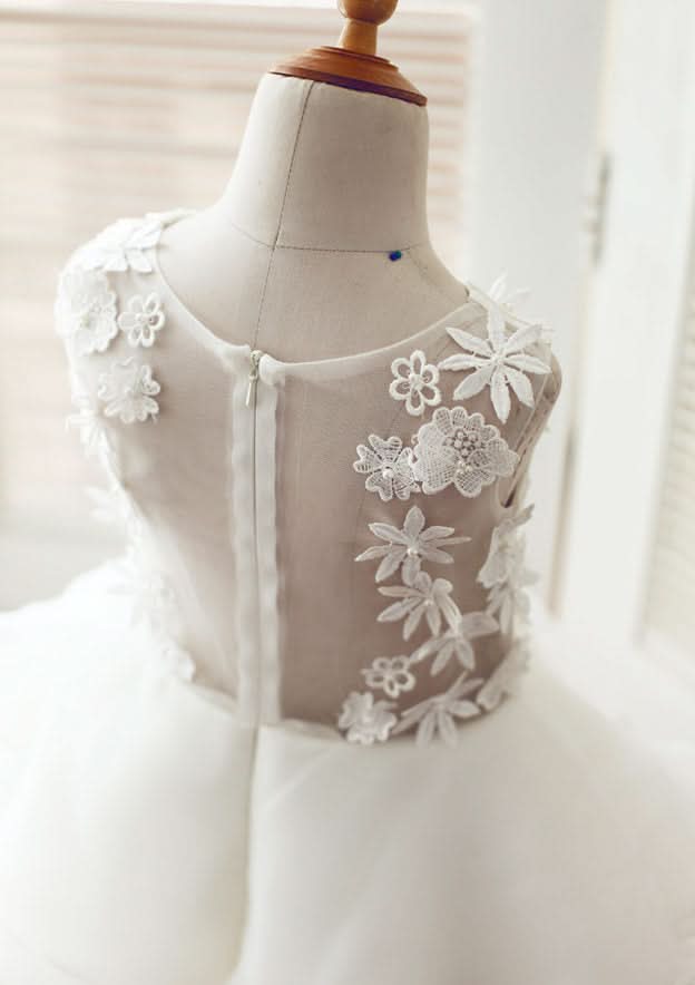 Knee-Length Lace and Tulle Flower Girl Dress with Appliqued and Ruffles - A-line/Princess Scoop Neck BM bride