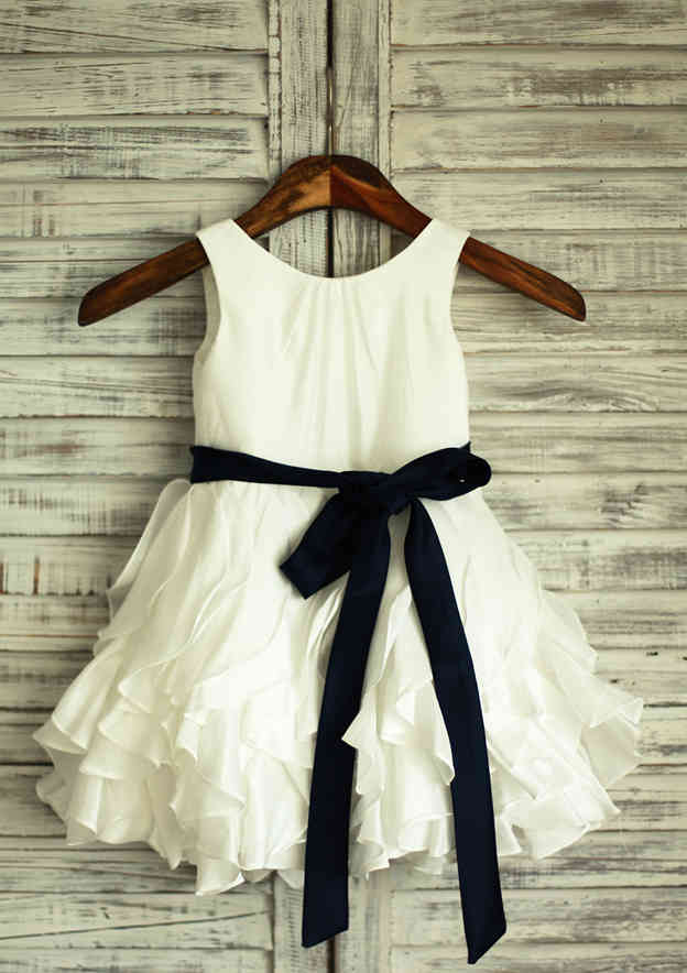 Knee-Length Satin Flower Girl Dress with Stylish Ruffled Sashes - A-line/Princess Scoop Neck BM bride