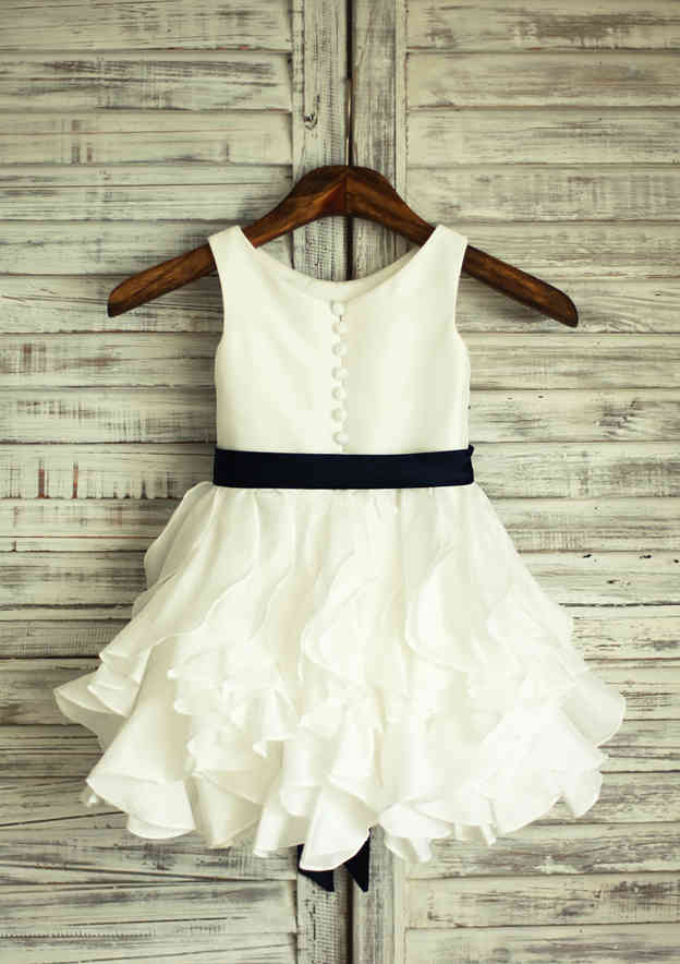 Knee-Length Satin Flower Girl Dress with Stylish Ruffled Sashes - A-line/Princess Scoop Neck BM bride