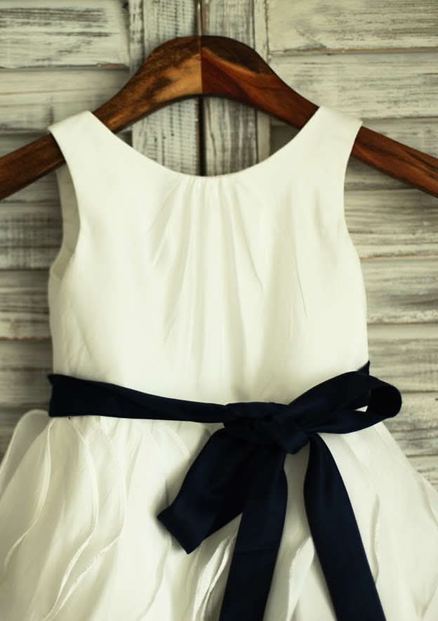 Knee-Length Satin Flower Girl Dress with Stylish Ruffled Sashes - A-line/Princess Scoop Neck BM bride