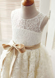 Knee-Length Lace Flower Girl Dress with Chic Bowknot Sashes - A-line/Princess Scoop Neck BM bride