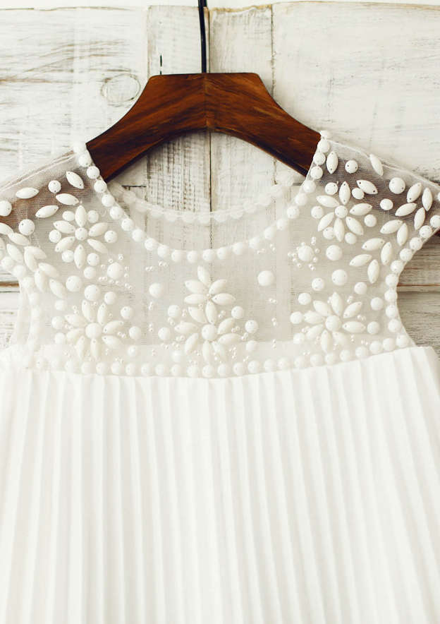 Knee-Length Lace and Tulle Flower Girl Dress with Elegant Pleated Details - A-line/Princess Scoop Neck BM bride