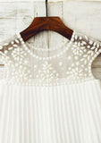 Knee-Length Lace and Tulle Flower Girl Dress with Elegant Pleated Details - A-line/Princess Scoop Neck BM bride